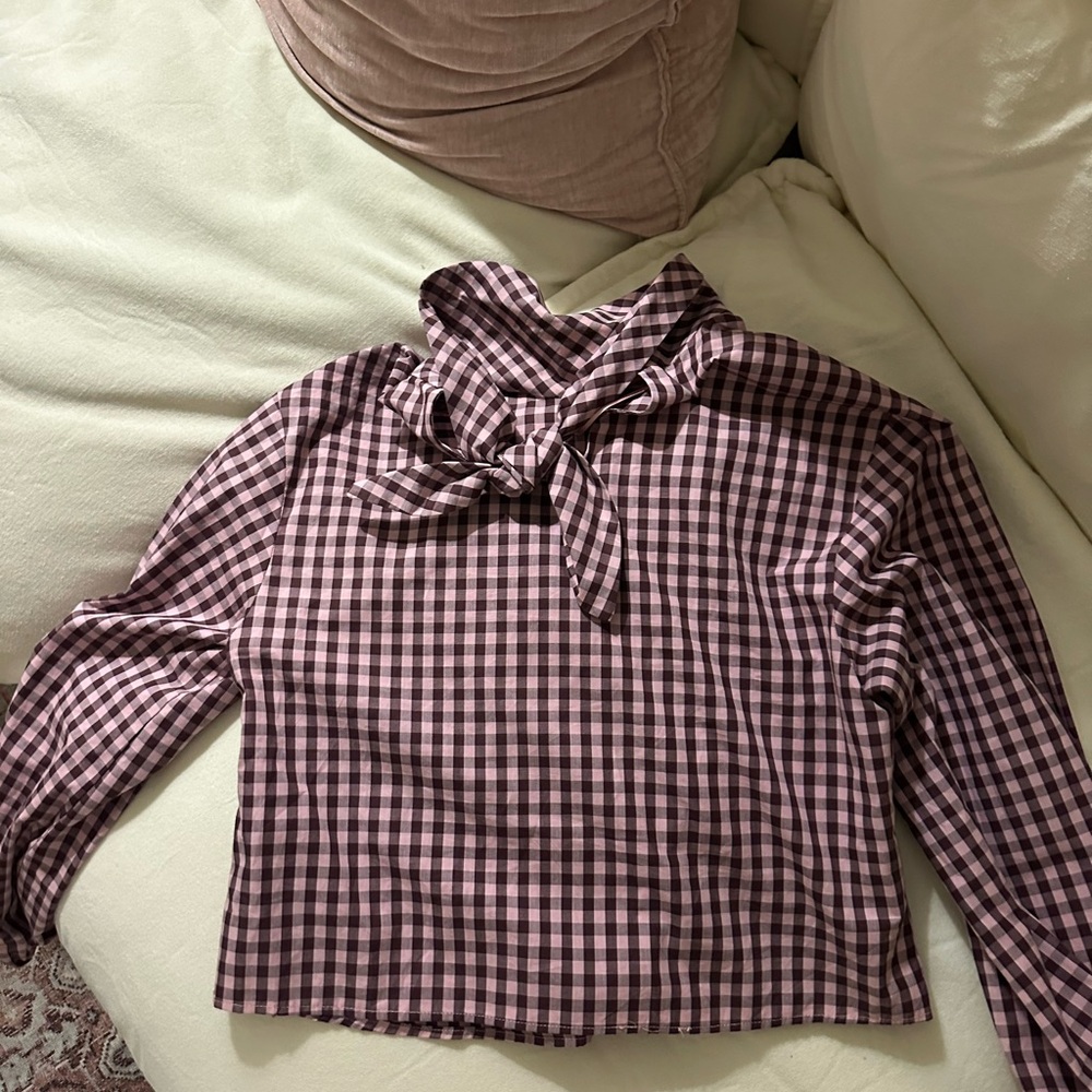 Zara Pink Checkered Blouse with Bow